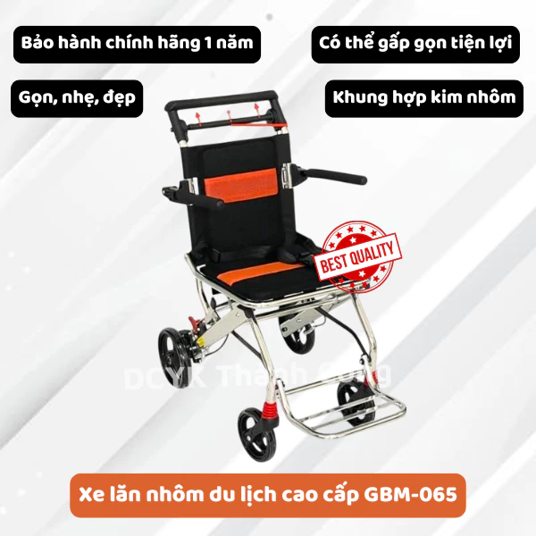 Xe lăn nhôm du lịch cao cấp màu đen cam GBM-065 [Chính hãng BH 1 Năm]